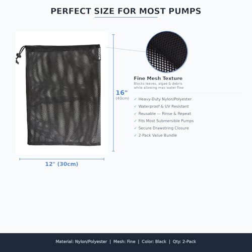 Mesh Drawstring Bag 2 Pack – 12"x16" Heavy Duty Nylon Storage Bag for Pond, Aquarium & Fountain Water Pumps, Reusable Bag with Drawstring Closure, Black