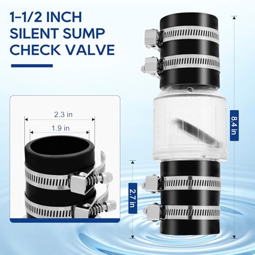 Quiet PVC Check Valve 1-1/2 Inch Sump Pump Check Valve with Buna-N Couplings With Spring Loaded Flapper Fit 1-1/2″ Class 40 Pipe With Stainless Clamps - size: 1-1/2 Inch Sump Pump Check Valve
