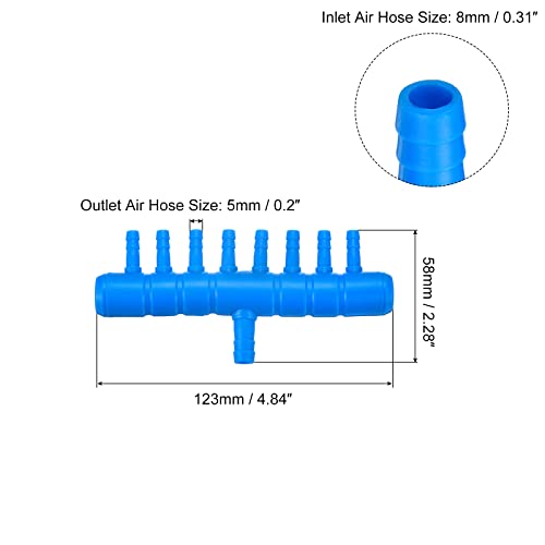 2Pcs 8mm to 5.5mm 8 Ways Air Line Tubing Splitter Connector Fish Tank Oxygen Pipe Air Tubing Adapter for Aquarium, Blue