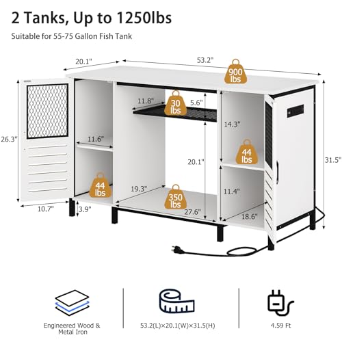 BREEZEHEAT Fish Tank Stand with Power Outlet, LED Light, 1250lbs Capacity, Heavy Duty Metal 55-75 Gallon Aquarium Stand with Cabinet, Terrarium stand Suitable for Turtle & Reptile Tank, White