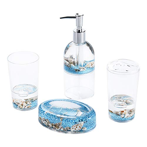 Locco Decor 4 Piece Acrylic Liquid 3D Floating Motion Bathroom Vanity Accessory Set Oceam Theme Sea Shell Conch Toothbrush Holder, Tumbler, Soap Dispenser, Soap Dish - size: 4-piece, style: Conch
