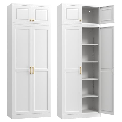 Steeloong86“ Kitchen Pantry Cabinet,Metal Storage Cabinets with Doors and 4 Adjustable Shelves,White Kitchen Cabinet with 4 Gold Handles,Tall Cabinet for Livingroom,Pantry, Bathroom - color: White, size: 86"H-A
