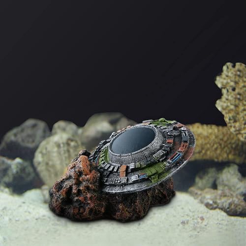 Saim UFO Wreckage Aquarium Ornament - Eco-Resin Fish Tank Hideout with Exploration Cave for Betta & Shrimp, 5.11" Stable Base Underwater Landscape Decor