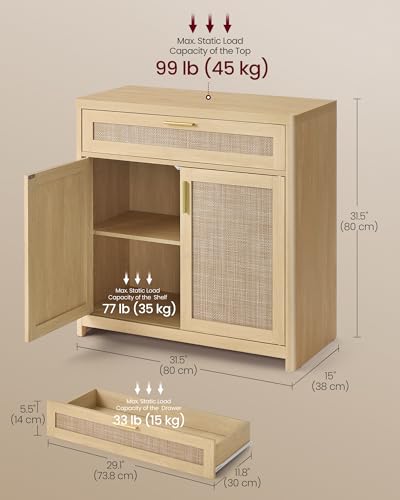 VASAGLE ELLAN Collection - Boho Buffet Cabinet with Rattan-Look Doors, Sideboard Storage Cabinet, Rounded Corners, Adjustable Shelf, Drawer, for Kitchen, Oak Beige UBBK601YC01 - color: Oak Beige (With Drawer), size: 1 Pcs