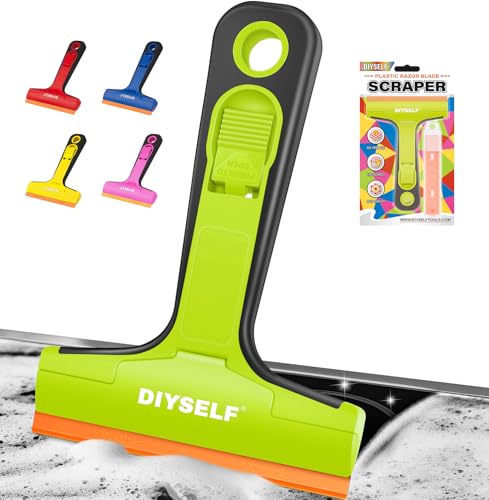 DIYSELF 1 Pack Plastic Razor Blade Scraper with 5 Pcs 4-Inch Plastic Razor Blades, Plastic Scraper Tool for Cleaning, Gasket and Decal Remover for Glass, Stovetop, Labels, Stickers & Paint Removal - color: Green, size: 5PCS Plastic Blades