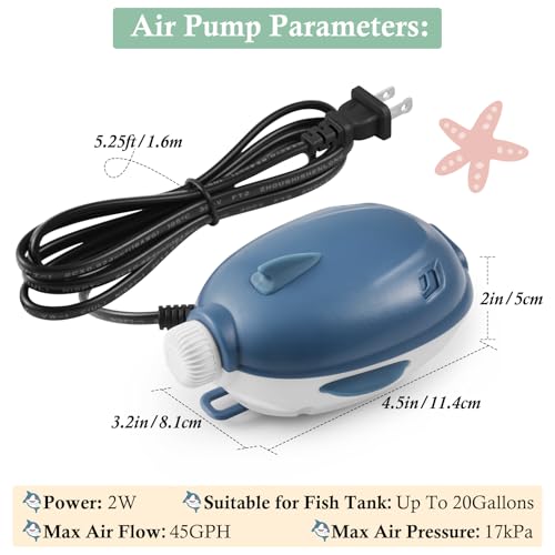 Dirvin 2W Silent Aquarium Air Pump -45GPH Small Fish Tank Bubbler, Adjustable Aquarium Aerator with Accessories for 5-20 Gallon Fish Tank