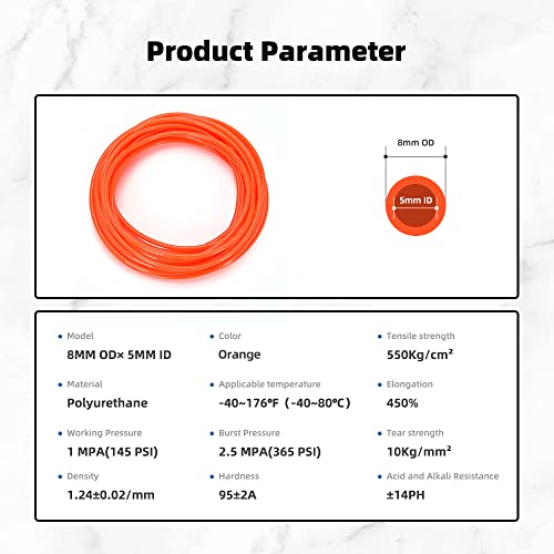 Pneumatic Tubing Orange PU Air hose Pipe Tube Kit 5/16 inch or 8mm OD 5mm ID 39.4ft/12 Meter for Air Line or Fluid Transfer - color: Orange, size: 8mm OD / 5mm ID × 12m