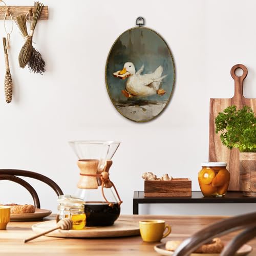 XFCICRLJ Vintage Duck Wall Art Decor, Rustic Farm Animal Oval Canvas Prints Framed, Cottagecore Whimsical Duck Bite Bread Wall Art Decorations for Home Bedroom Living Room Decor, 11x8.5 Inch - color: Duck01