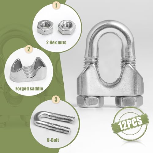 12pcs M10 Wire Rope Clamp, 3/8 inch Cable Clamps Stainless Steel Wire Rope Clips - size: M10