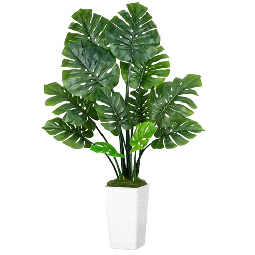 UPBUD Artificial Monstera Deliciosa Plant, 5FT Fake Tropical Monstera Tree with White Pot & 12 Lifelike Leaves, 60in Tall Faux Floor Trees Fake Plants for Indoor Outdoor Office Living Room Decor - color: Green Leaves White Planter