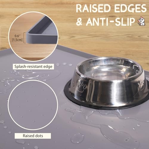 MateeyLife Silicone Cat & Dog Food Mat for Floors Waterproof, Anti-Slip Dog Bowl Mats for Food and Water, Pet Feeding Mats with Lip to Prevent Spills, Pet Placemat for Messy Drinkers to Protect Floors - color: Gray, size: 22''×14''
