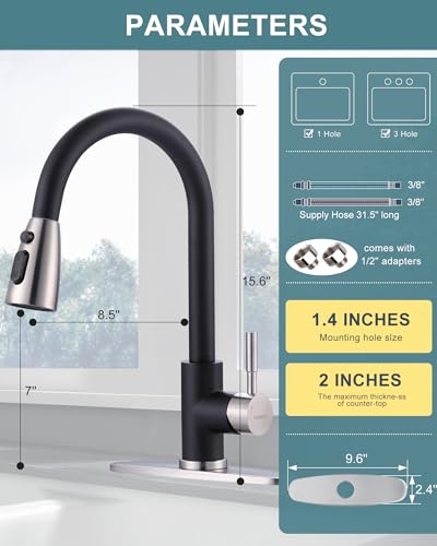 WOWOW Kitchen Faucets for Sink 1 or 3 Hole, High Arc Stainless Steel Kitchen Sink Faucet with Sprayer, Brushed Nickel and Black Faucet for Kitchen RV Laundry Sinks - color: Black & Brushed Nickel, style: Kitchen Faucet