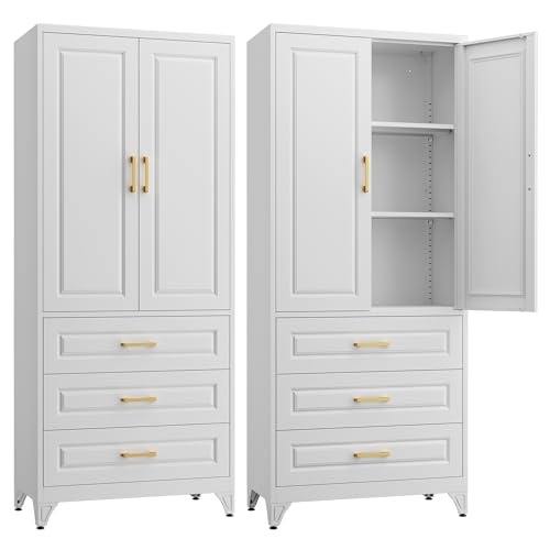 SteeLoong 75" Kitchen Pantry Cabinet with 3 Drawer,Metal Storage Cabinets with Doors and 4 Adjustable Shelves,White Kitchen Cabinet with 2 Gold Handles,Food Cupboard for Livingroom,Pantry, Bathroom - color: White, size: 75"H 3 Drawers