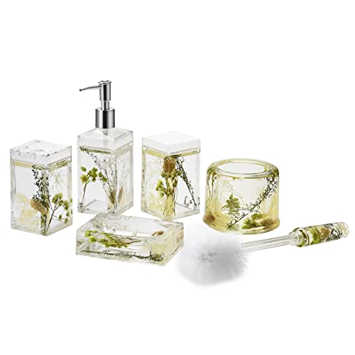 Locco Decor 5 Piece Acrylic Liquid 4D Floating Motion Bathroom Vanity Accessory Set Garden Botanic Green Plants Toothbrush Holder, Tumbler, Soap Dispenser, Soap Dish, Toiletbrush Holder Set - size: 5-piece, style: Green Plants