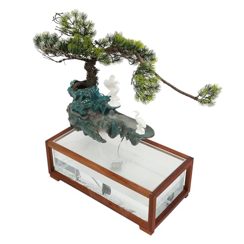Tabletop Fountain Elegant Indoor Crane Water Fountain w/Fish Tank & Atomizer, Desktop Decoration with LED, Fake Plants Feng Shui Decor for Office Home