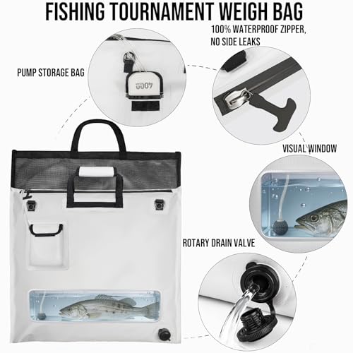 THKFISH Fish Tournament Weigh in Bag for Bass Fishing, Heavy Duty Insulated Live Fish Bag for Caught Fish with Waterproof Zipper and Mesh Liner, Leakproof,Puncture Resistant (White-25×23in with Net) - color: White-25×23in with Net