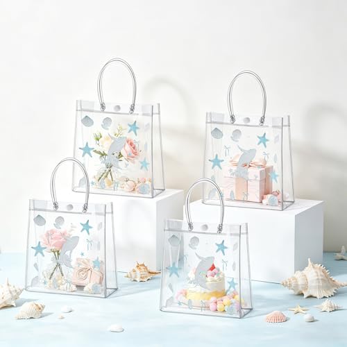 Hlimior 24 Pcs Beach Party Favor Ocean Seashell Gift Bags Starfish Clear PVC Gift Bags with Handles Reusable Candy Treat Tote Summer Shell Goodie Bags for Birthday Party Supplies