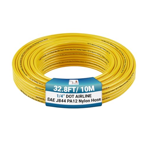 Utah Pneumatic 1/4" DOT Air Line SAE J844 PA12 Nylon Tubing for Air Suspension, Industrial Automation, Workshop Air Systems, Misting & Fluid Transfer, Yellow - 10 Meters (32.8ft) - color: Yellow, size: 1/4" x 32.8 Feet