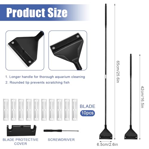 Algae Scraper for Glass Aquariums, Stainless Steel Fish Tank Cleaner Tool with 10 Blades, 25.6" Adjustable Handle Aquarium Glass Cleaning Accessories