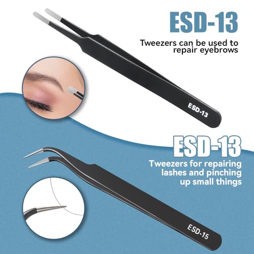 6 Pcs Precision Tweezers Set, Premium Anti-Static Stainless Steel Tweezer, ESD Curved of Tweezers for Electronics, Craft, Laboratory Work, Jewelry-Making, etc