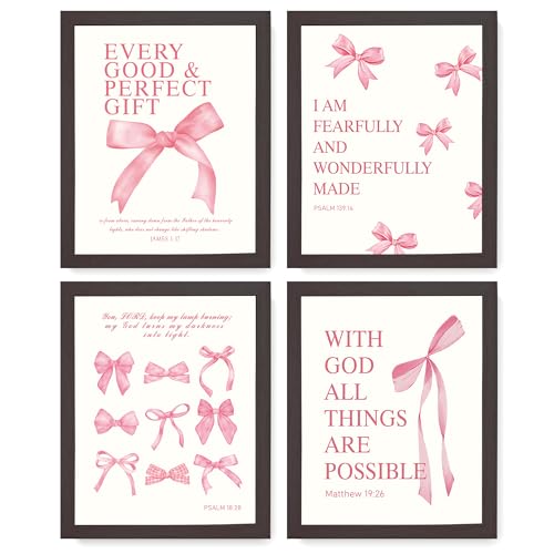 LARTSFRO Coquette Pink Bow Wall Art Decor Posters, Pink Bow Room Bedroom Bathroom Dorm Wall Art Decor Aesthetic for College Teen Girls Gifts, Inspirational Bible Verses Bow Wall Decor, 10x8 Inch Set of 4 Pcs Bow Pictures (DARK FRAMED) - color: Black-Frame