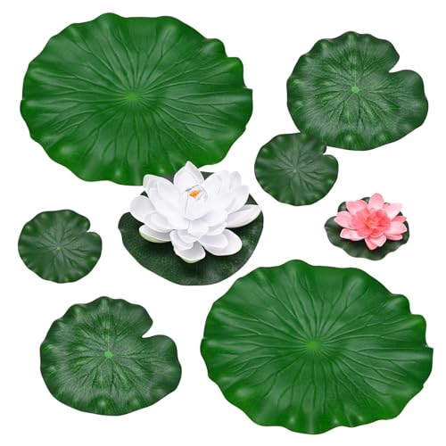 M METERXITY 1-Set Artificial Floating Foam Lotus Flower with Water Lily Pad, 4/7/11 Inch Fake Lotus Flower Water Lilies for Pool/Fountain/Garden Decor, Pond Plant Ornament [White, Light Pink] - color: White, Light Pink, size: 6.7/3.9 Inch
