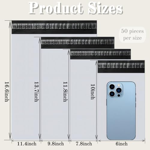 ZAVOOS 200 Pieces Poly Mailers, Strong Adhesive Plastic Shipping Bags for Small Business, Waterproof Tear-Resistant White Mailing Envelopes for Packaging Clothing, Books, 4 Assorted Sizes