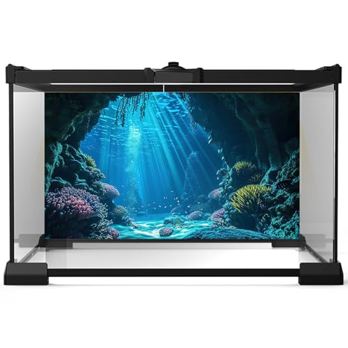 Under The Sea Aquarium Background Underwater Grotto with Soft Corals Reefs Fish Tank Background Blue Ocean Tropical Cave Sunlight Rays Deep Sea Fish Tank Backgrounds Aquarium Wallpaper 24x12in - color: Blue, size: 24(W)x12(H)inches/ 60(W)*30cm(H)