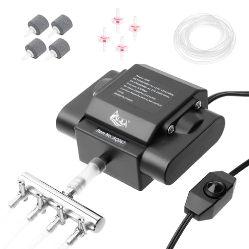AQQA Aquarium Air Pump Powerful Pond Aerator Oxygen Pump 4 Outlets Adjustable Hydroponic Air Bubbler Pump with Air Stone Tube Air Valves for Up to 1000Gal (15W,356GPH) - size: 15W (356GPH)