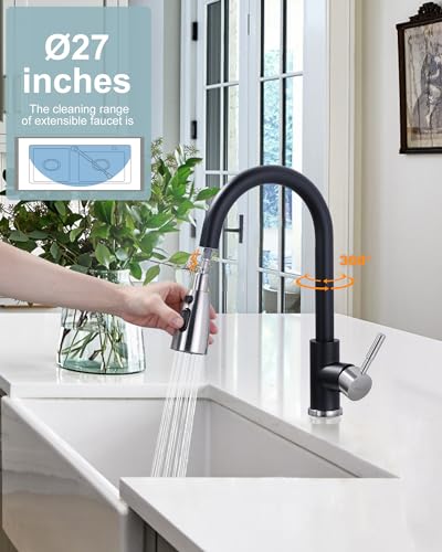 WOWOW Kitchen Faucets for Sink 1 or 3 Hole, High Arc Stainless Steel Kitchen Sink Faucet with Sprayer, Brushed Nickel and Black Faucet for Kitchen RV Laundry Sinks - color: Black & Brushed Nickel, style: Kitchen Faucet