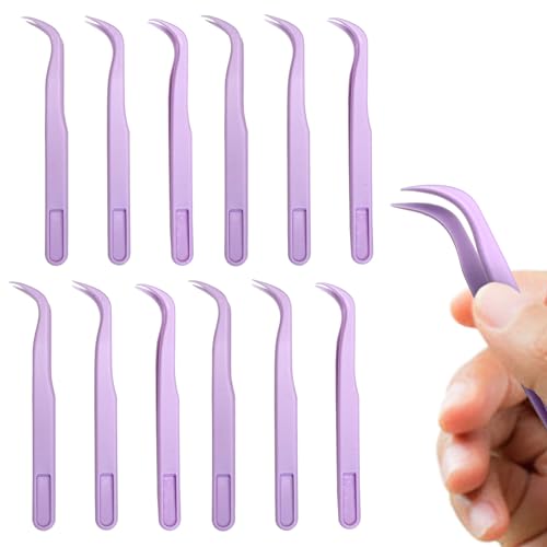 12 Pack Plastic Tweezers For Crafts Kids Long Bent 4.5 Inch Tweezers For Crafting DIY Bead Jewelry Making, Baking Decoration, Feeding reptiles, Disposable Stickers Tweezers Bulk - color: Purple
