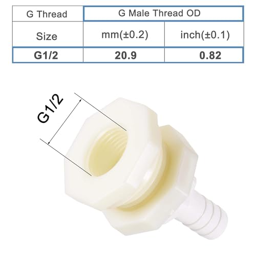 Bulkhead Fitting Adapter, 12mm Barbed x G1/2 Female ABS White, Water Tank Connector for Aquariums, Water Tanks, Tubs, Pools, 2pcs - size: 1/2" 2pcs