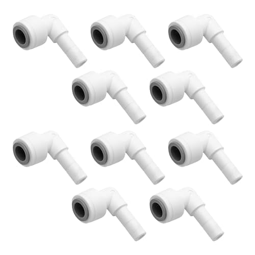 3/8 Inch Stem Elbow Connector, 90 Degree Push to Connect Plastic Quick Fittings for Water Pipe, Reverse Osmosis System, Aquarium Tubing, Easy Plug-In Elbow Joint, White (10 Pack)