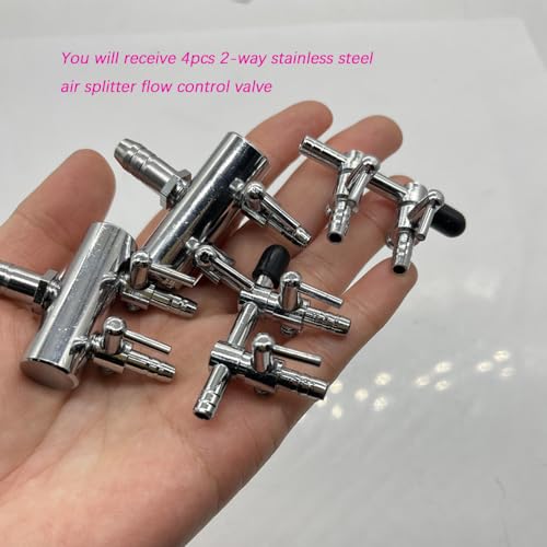 4 Pcs 2-Way Aquarium Air Splitter, Stainless Steel Pump Lever Flow Control Valve for Fish Tank (2 Sizes)