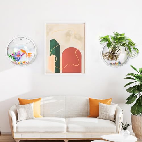 WUWEOT Hanging Fish Bowl, 9'' Acrylic Wall Mounted Fish Tank, 0.5 Gallon Hydroponic Air Plant Flower Pot, Transparency Bubble Vase Mini Aquarium Planter with Fake Plants and Colorful Stone