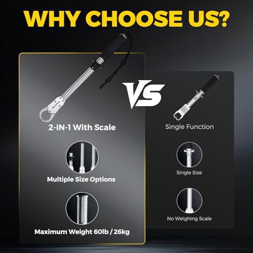 2-in-1 Fish Lip Gripper, 15.8" Stainless Steel Fish Gripper with Scale, 60lb Weighing Fish Grabber, 360° Non-Slip Swivel Handle, Tool for Saltwater & Freshwater - size: 15.8"
