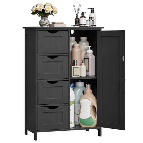 VASAGLE Storage Cabinet with Drawers, Freestanding Floor Cabinet with Door, 11.8 x 21.7 x 32.3 Inches, Adjustable Shelf, for Bathroom, Living Room, Kitchen, Ink Black ULHC041BH01S - color: Ink Black, style: 1 Door + 4 Drawers（32.3"）