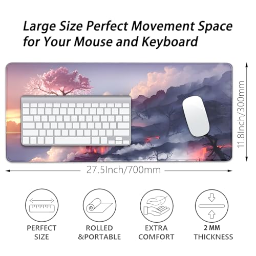 Volcano and Cherry Blossoms Desk Pad Mouse Pad,Large Nature Mouse Mat with Stitched Edges,Non-Slip Rubber Base Mousepad for Office PC Keyboard Laptop and Home Work Desk Mat(27.5X11.8 in) - color: Volcano and cherry blossoms