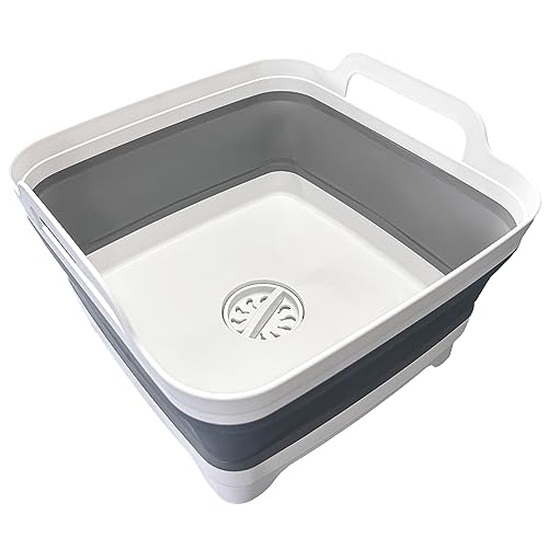 9L (2.4Gal) Dish Basin Collapsible with Drain Plug Carry Handles,Kitchen Storage Tray Dish Wash Basin, Portable Dish Tub, Foldable Dishpan for Camping,RV,Gray - color: Gray