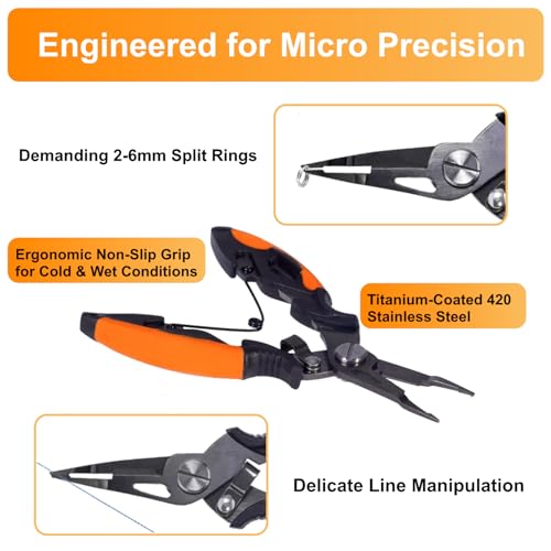 Titanium Coated Micro Fishing Pliers Precision Split Ring Pliers for Ultralight Fishing with Storage Pouch & Lanyard Orange - color: Orange