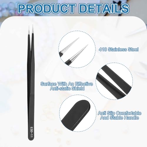 HARFINGTON 3pcs 5.51" Long ESD-11 Anti-static Straight Pointed Tip Tweezers Stainless Steel Round Edge Non-magnetic Precision Tweezers for Various Electronics Precise Repair - size: 5.51"（ESD-11)