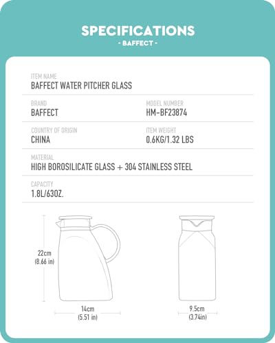 Baffect Water Pitcher, High Borosilicate Glass Jug with Stainless Steel Lid, Leakproof Fridge Door Carafe for Hot or Cold Beverage Vertical Pattern (1.8 L/63 oz.) - style: Vertical Pattern