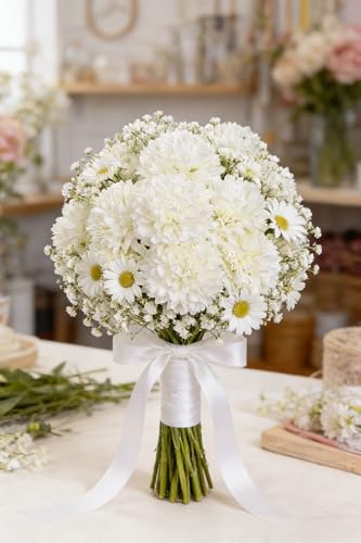 Kimura's Cabin 20Pcs Fake Chrysanthemum Artificial Flowers Silk Ball Flowers Faux Mums Flower with Stem for Wedding Party DIY Bouquets Arrangements Home Table Core Decoration Vase Fillers(White) - color: White Color