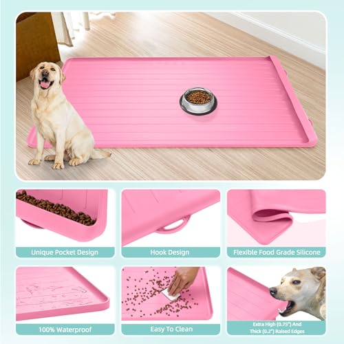 Dog Mat for Food and Water - 39.4" x 27" Large Pet Feeding Mats with Residue Collection Pocket - Waterproof Dog Cat Bowl Mat with High Edges to Prevent Water and Food Spills (Pink, 39.4''x27'') - color: Pink