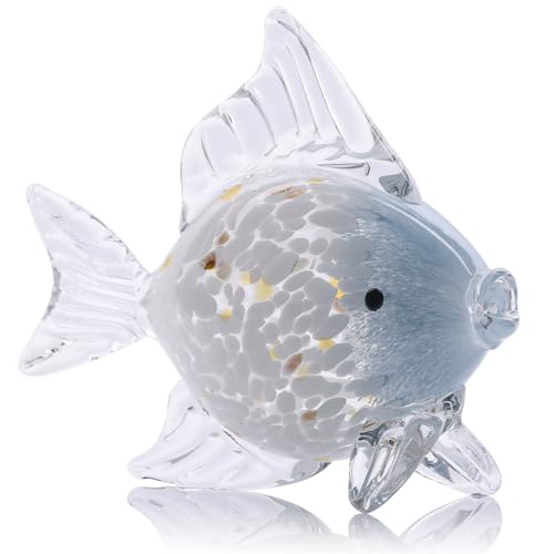 Large Hand Blown Glass Fish Figurines, Aquarium Sea Glass Art, Blue White Fish Statue Sculpture Modern Coastal Accent - for Beach Knick Knacks, Coffee Tables, Nautical Offices Centerpiece - color: Blue White