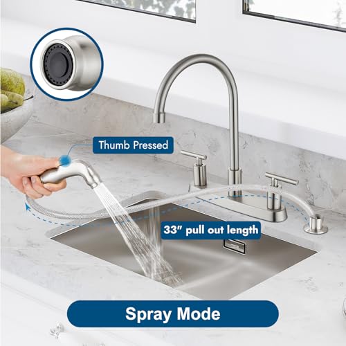 Kitchen Faucet, High Arc 360° Swivel Spout, 2-Handle 8 Inch Centerset Kitchen Sink Faucet with Side Sprayer, 3 or 4 Hole Kitchen Faucet for RV, Utility & Laundry Sink, Brushed Nickel - color: Brushed Nickel