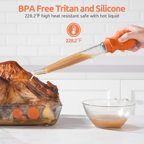 U-Taste 1.5oz Angled Turkey Baster - 228.2ºF Heat Resistant Food Grade Tritan and Silicone Large Octopus Bulb Baster Set with Cleaning Brush for Cooking Basting Meat Poultry Beef Chicken (Orange) - color: Orange