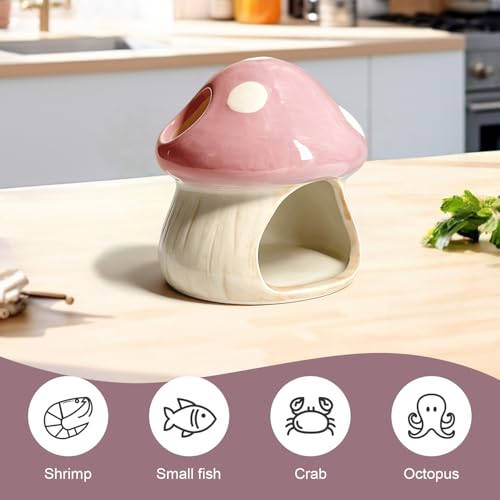 Betta Fish Tank Accessories, 4.33'' × 4.33'' Ceramic Mushroom House Aquarium Decor - Cute Pink Hideout Cave Ornament for Small Fish, Shrimp, Goldfish, Hamsters & Reptiles (Pink) - color: Pink