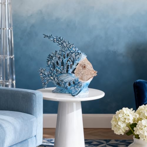 7.28'' Ocean Coral Fish Sculpture – Resin Coastal Fish Figurine with Coral Backdrop, Ocean Blue & Sandy Beige Finish – Nautical Tabletop Accent for Living Room, Beach House & Bathroom Decor - color: Coastal Blue, size: Small