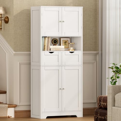 TEENFON 57.8" H Tall Bathroom Storage Cabinet with 4 Doors & 2 Adjustable Shelves, Freestanding Bathroom Cabinet with 2 Drawers, Kitchen Cabinets & Pantry, Cupboard for Kitchen, Dining Room, White - color: White 2 Drawers
